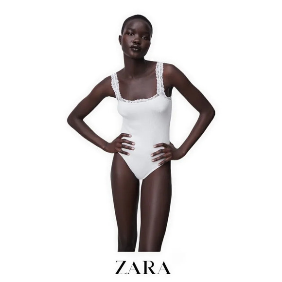 ZARA | White | SEAMLESS BODYSUIT WITH LACE TRIM - Picture 9 of 9